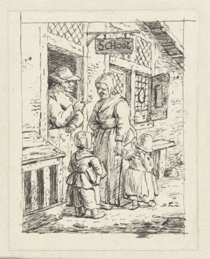 Mother with two children in front of the door of a school