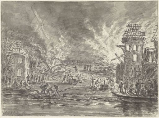 Fire at the Raampoort in Amsterdam at the linen manufactory Het Speeljagt, 1761