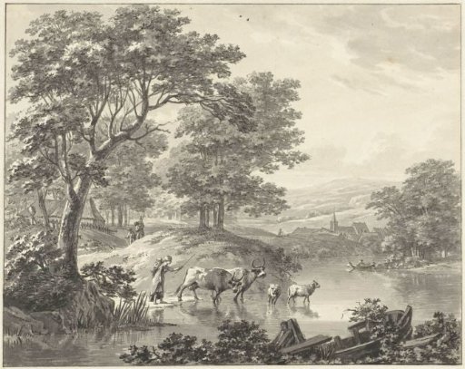 Landscape with cattle at a ford