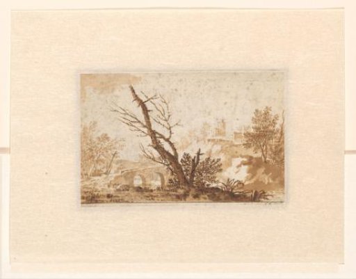 Italian landscape with a tree, a bridge and several buildings