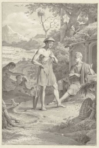 Design for a book illustration with an old storyteller and a young family