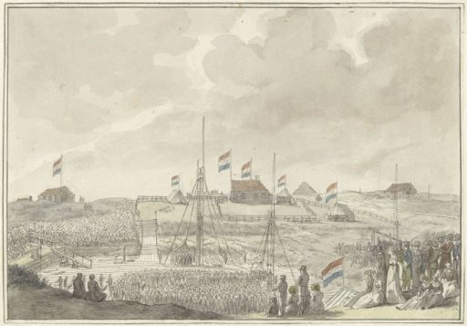 The laying of the first stone for the great sluice at Katwijk, 7 August 1805