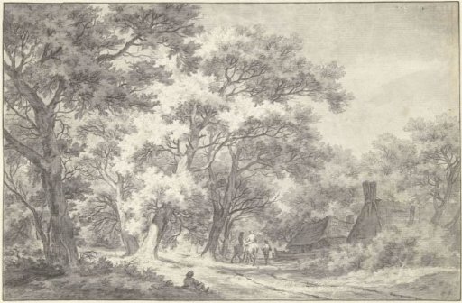 Landscape with riders and figures at a farmhouse in the forest