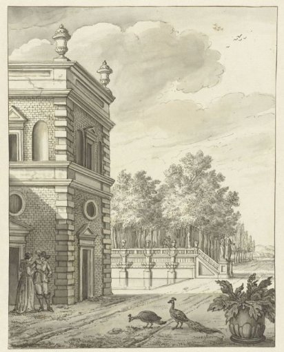 Country house with pond and two peacocks