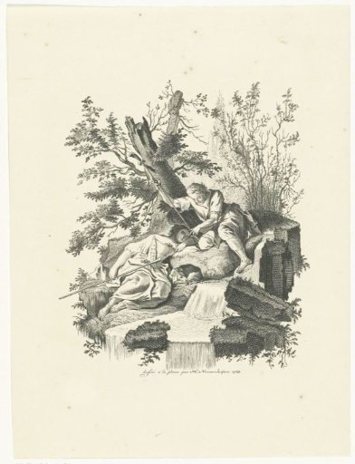 Resting Shepherdess and Shepherd by a Small Waterfall