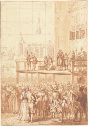 Johan van Oldenbarnevelt kneels before his beheading, 1619