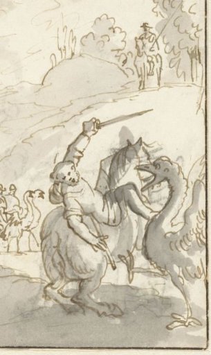 Sancho Panza fighting an ostrich