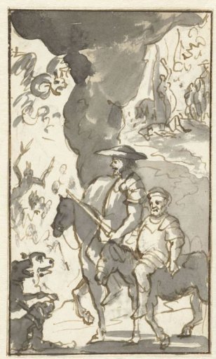 Don Quixote and Sancho Panza riding past a smithy