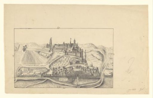 View of a town situated on a hill with a large monastery