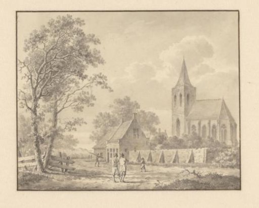 House with walled garden in front of a church