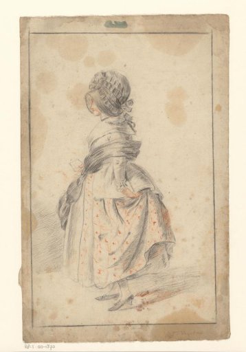 Standing woman with high hat, facing left