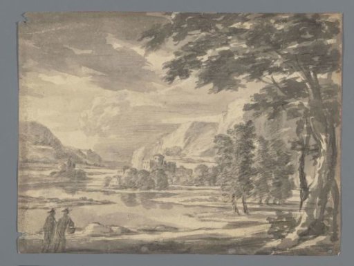Italian landscape with two figures on the left in the foreground