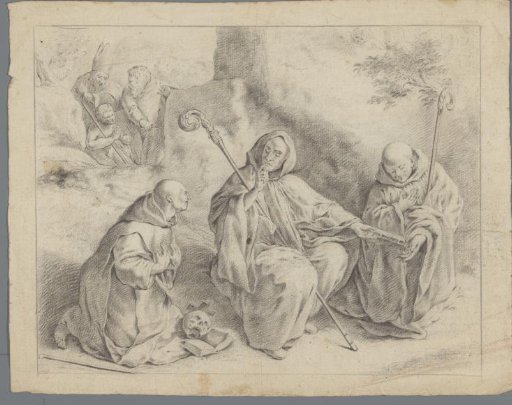 Scene from the life of a saint with three monks, a bishop and two men