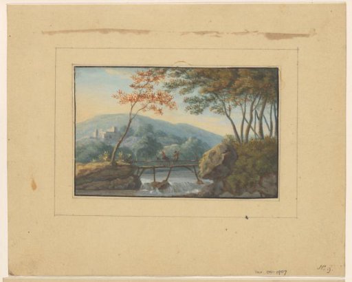 Landscape with two travellers on a wooden bridge