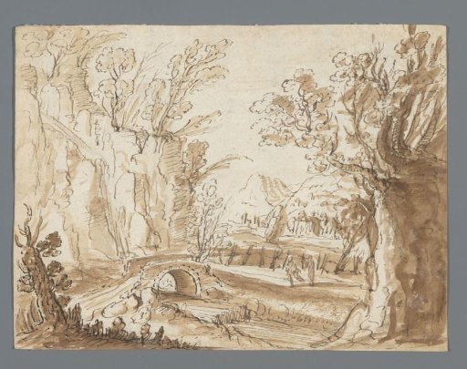Landscape with two figures on a road before a stone bridge