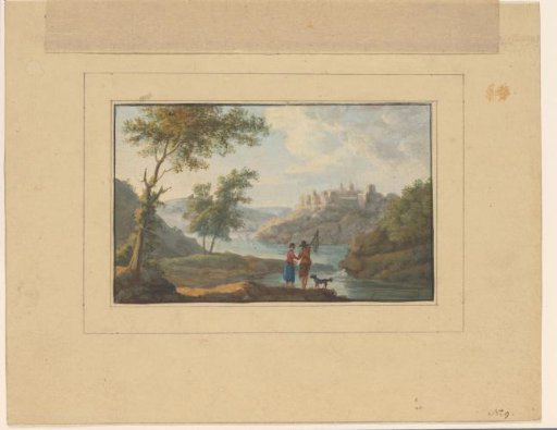 River landscape with a man, woman and dog in the foreground