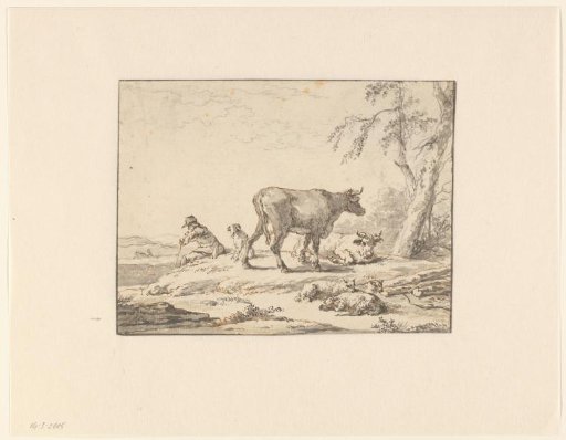 Seated shepherd with dog and cattle