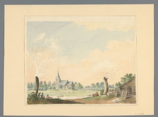 Landscape with view across meadow to a church