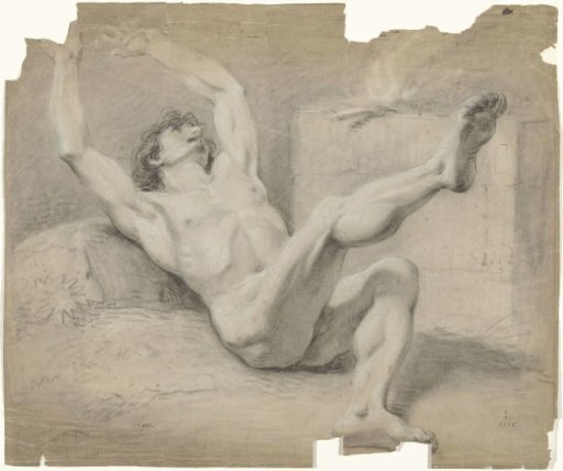 Lying male nude, arms behind him and the right leg raised