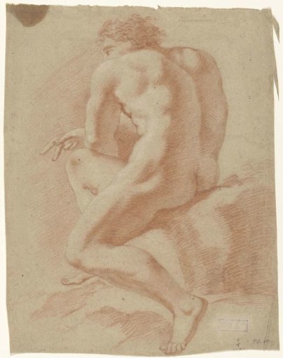 Seated male nude, seen from behind, facing left