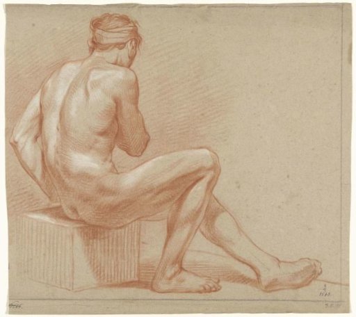 Male nude, seated on a block, facing right