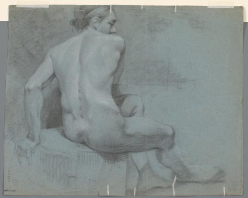 Seated male nude, facing right, seen from behind