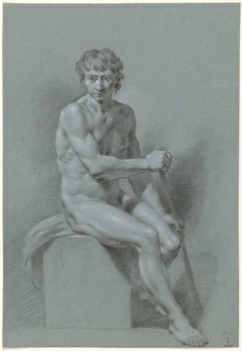 Male nude seated on a block, a stick in both hands (rowing?)