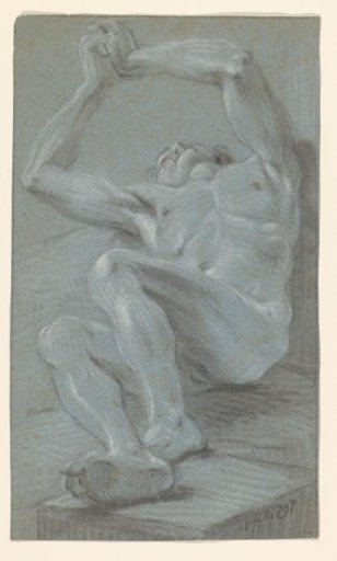 Lying male nude, with raised arms