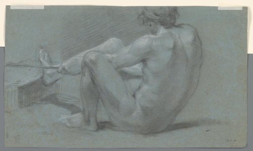 Sitting male nude, to the left, pulling and pushing against a block