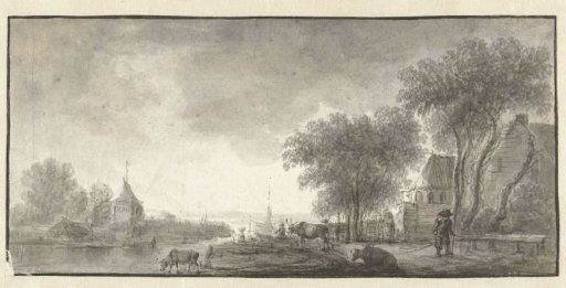 River landscape with cattle and a few houses