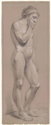 Standing male nude, to the right, right hand against the face