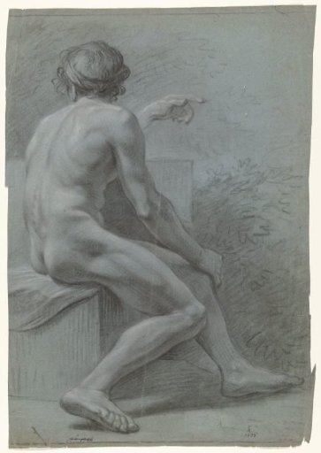 Sitting male nude, to the right, seen from the back