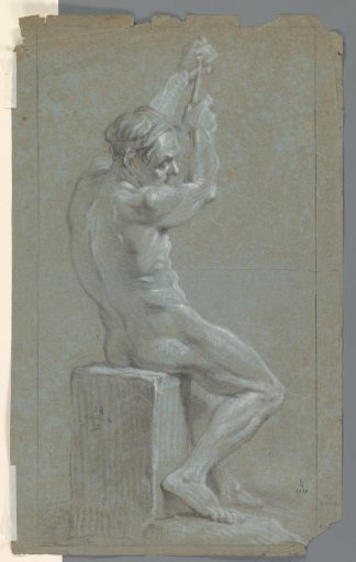 Sitting male nude, to the right, arms above the head