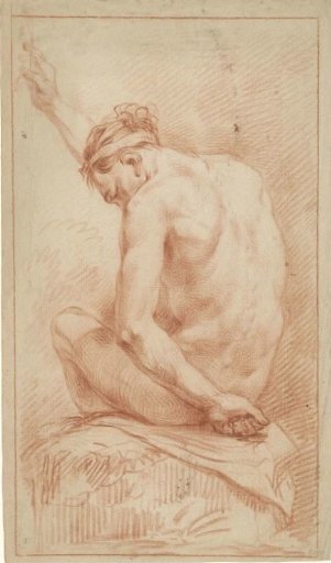 Sitting male nude, slightly to the left, seen from the back