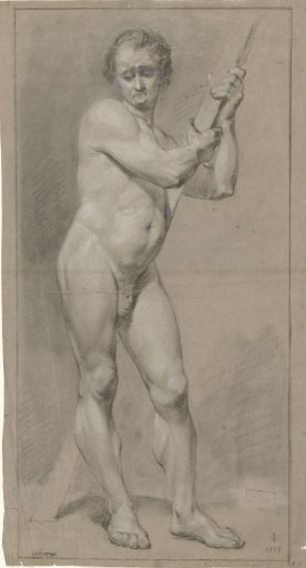 Standing male nude, looking down, hands on a wooden beam