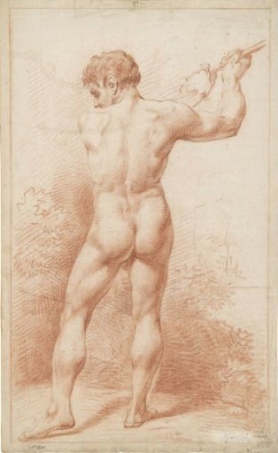 Standing male nude, waving an axe, seen from the back