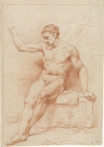 Sitting male nude, head to the left, right arm raised