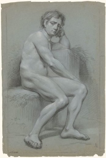 Sitting male nude, left hand under the head