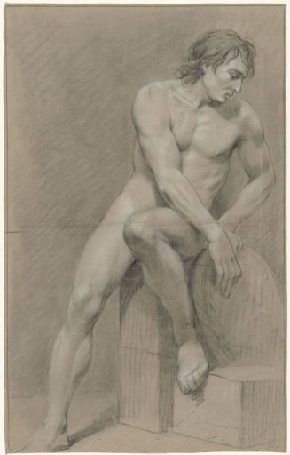 Sitting male nude, turned to the right, left foot on a block