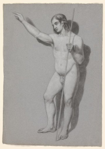 Standing male nude with staff and raised right arm