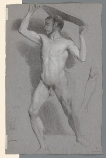 Standing male nude, lifting a stone over his head