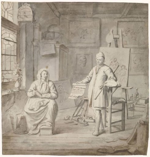 Painter Michiel Comans and his third wife Elisabeth van der Mersche in the studio
