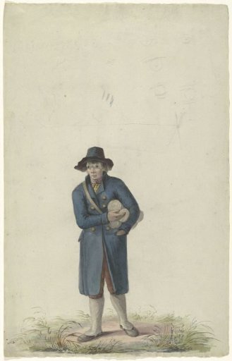 Standing man with three rolls under his arm
