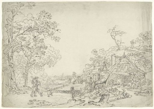 Landscape with family in front of a farmhouse