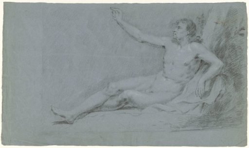 Reclining male nude, right arm raised