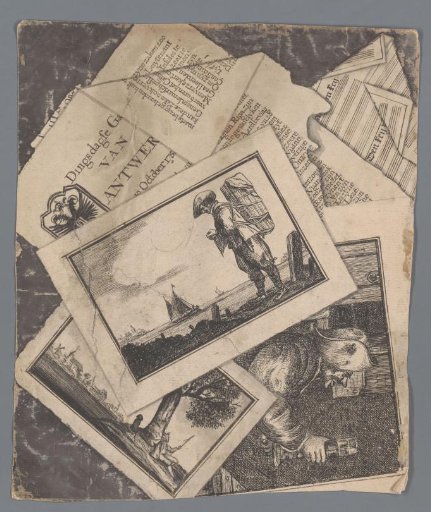 Trompe-l'oeil with prints, a newspaper and a sheet of music