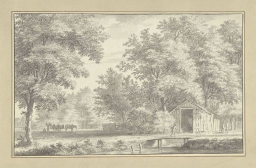 Landscape with a barn among trees