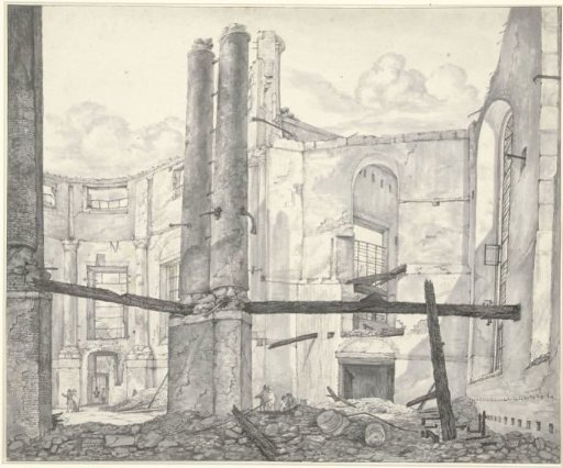 Ruin of the New Lutheran Church in Amsterdam, burned on 18 September 1822, viewed from inside towards the Singel