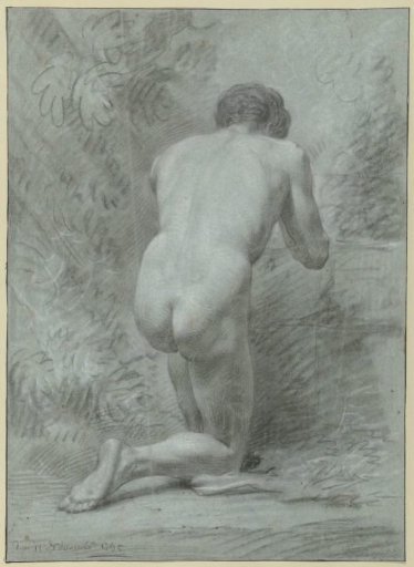 Kneeling male nude, seen from the back
