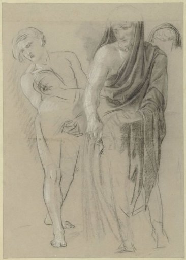 Two men carry a body away